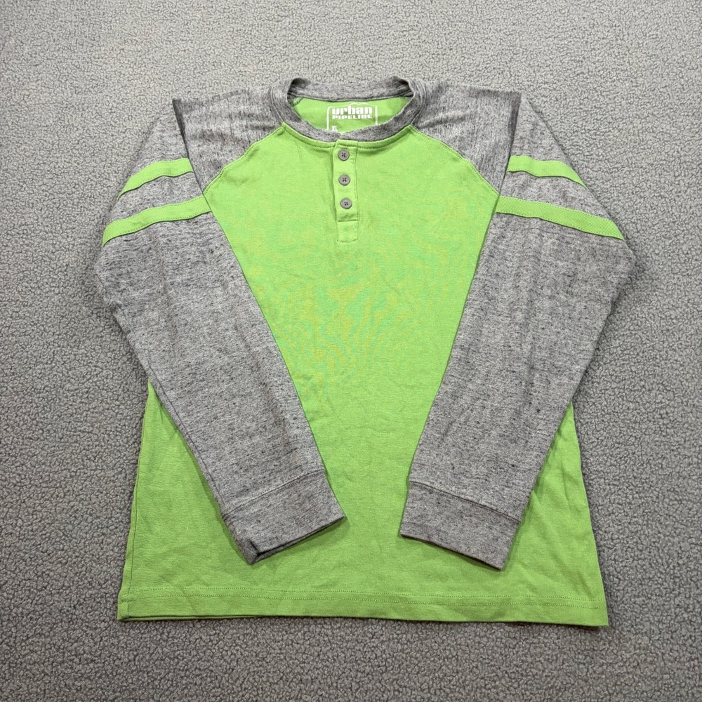 Urban Pipeline Henley Boys XL Green Gray Raglan Long Sleeve Shirt Varsity Stripe